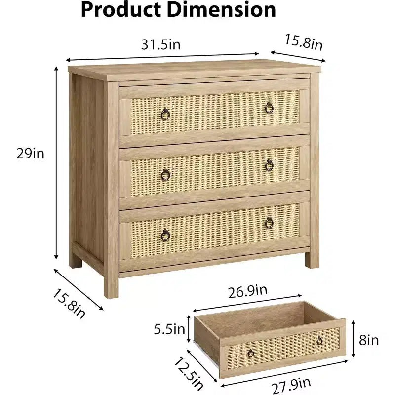 Comò a 3 cassetti in Rattan Naturale - Mobile Contenitore Autoportante con Design Antiribaltamento, Cassetti Extra Profondi per Camera da Letto, Cameretta, Soggiorno, Ufficio