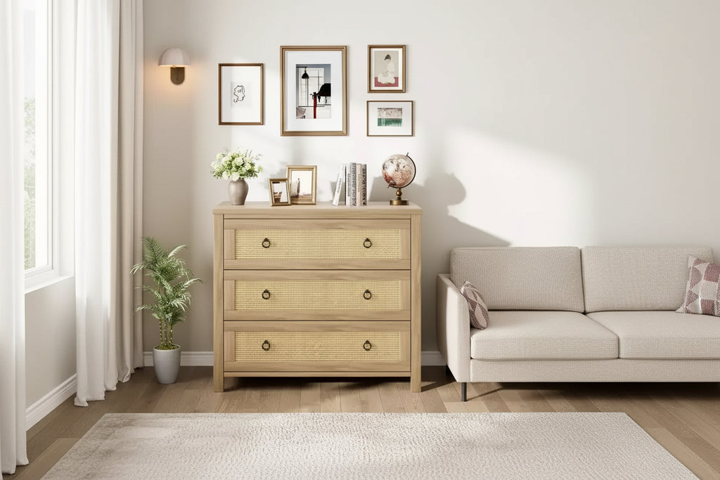 Comò a 3 cassetti in Rattan Naturale - Mobile Contenitore Autoportante con Design Antiribaltamento, Cassetti Extra Profondi per Camera da Letto, Cameretta, Soggiorno, Ufficio