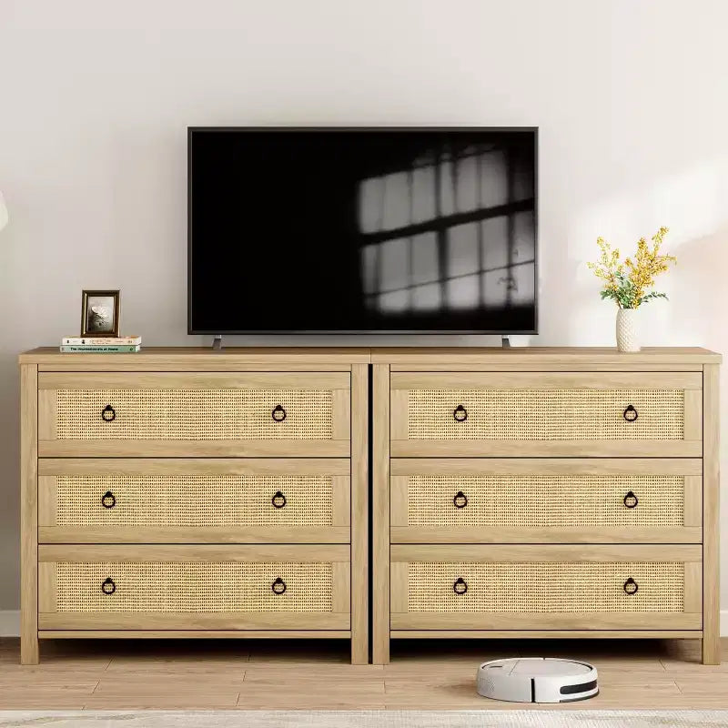 Comò a 3 cassetti in Rattan Naturale - Mobile Contenitore Autoportante con Design Antiribaltamento, Cassetti Extra Profondi per Camera da Letto, Cameretta, Soggiorno, Ufficio