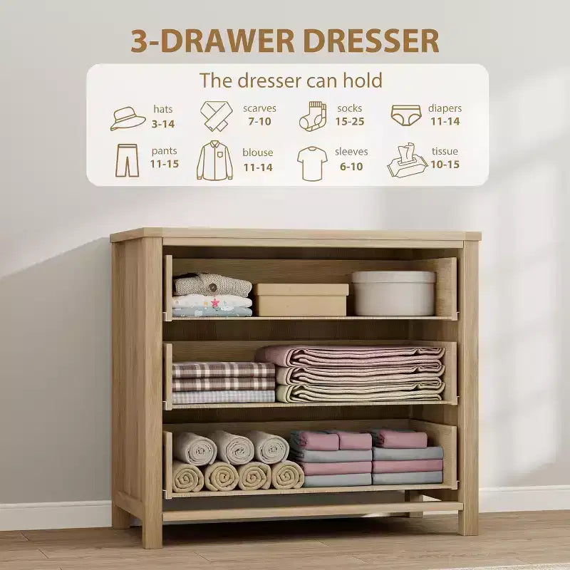 Comò a 3 cassetti in Rattan Naturale - Mobile Contenitore Autoportante con Design Antiribaltamento, Cassetti Extra Profondi per Camera da Letto, Cameretta, Soggiorno, Ufficio