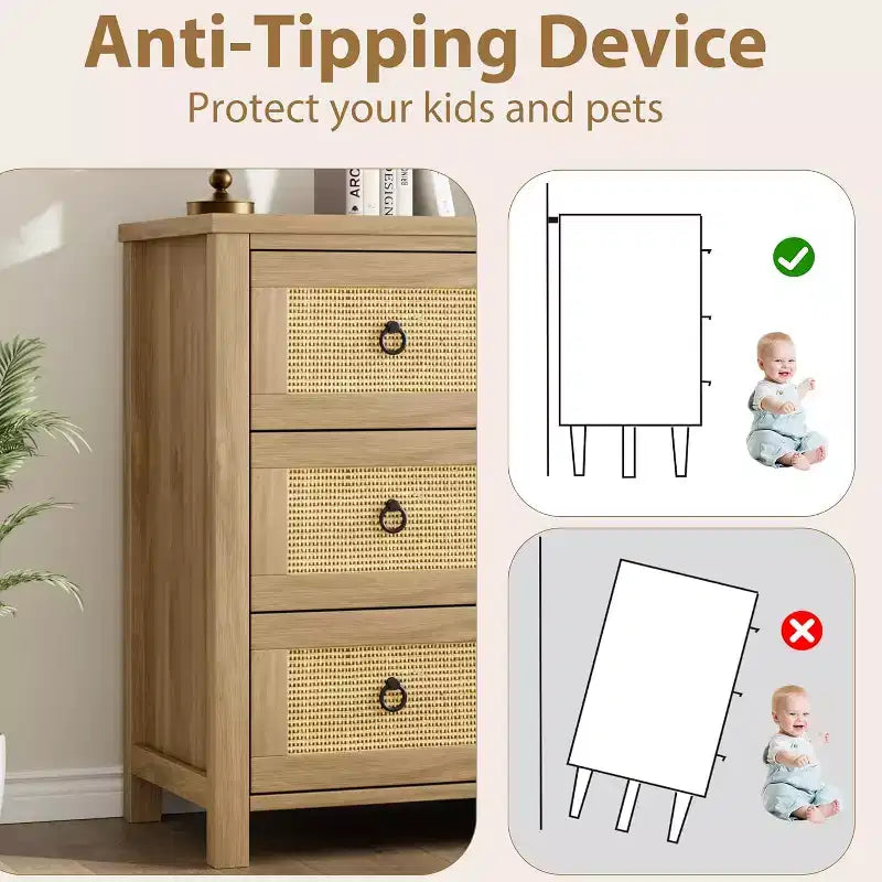 Comò a 3 cassetti in Rattan Naturale - Mobile Contenitore Autoportante con Design Antiribaltamento, Cassetti Extra Profondi per Camera da Letto, Cameretta, Soggiorno, Ufficio
