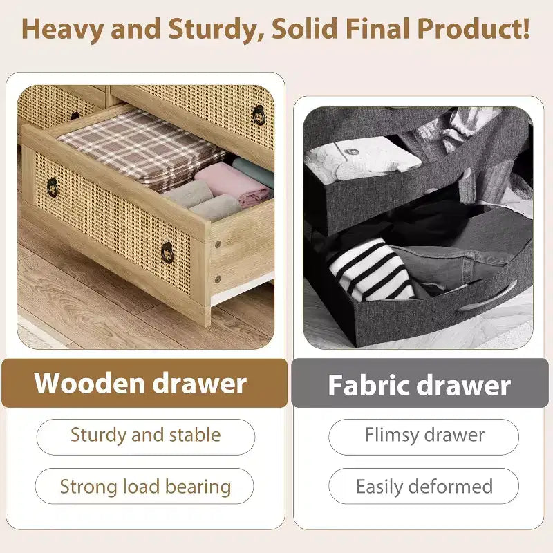 Comò a 3 cassetti in Rattan Naturale - Mobile Contenitore Autoportante con Design Antiribaltamento, Cassetti Extra Profondi per Camera da Letto, Cameretta, Soggiorno, Ufficio