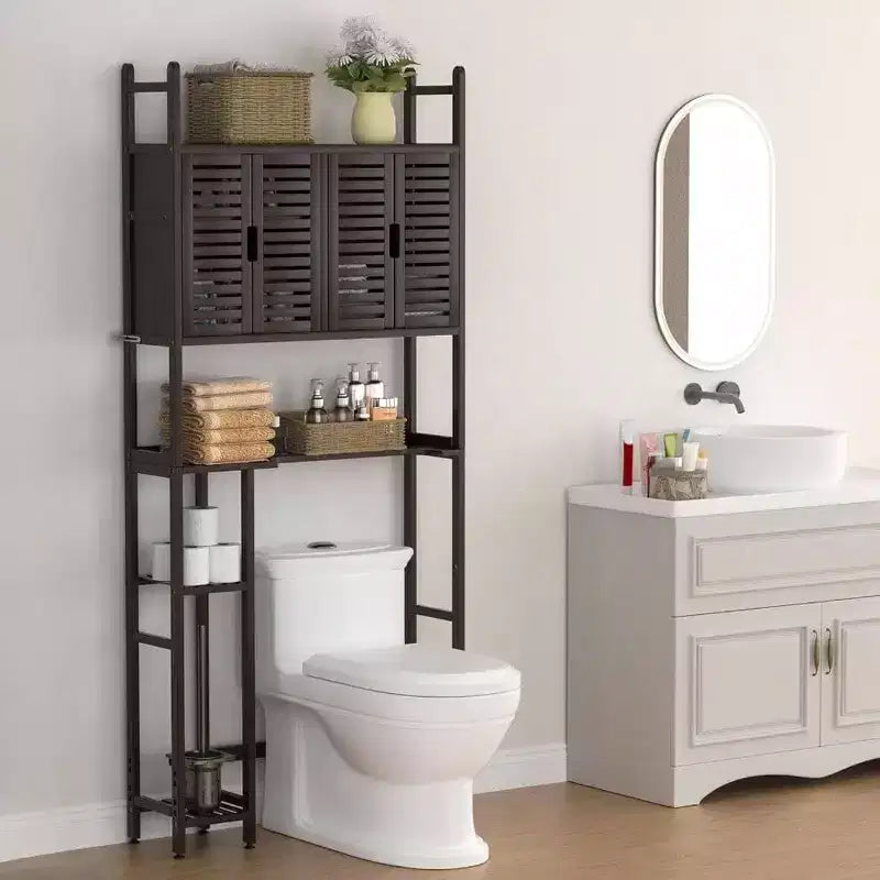 Mobile Contenitore Sopra il WC con Porta Carta Igienica, Scaffale Organizzatore per Bagno, Quattro Ante, Piedini Impermeabili, Salvaspazio, Antiscivolo