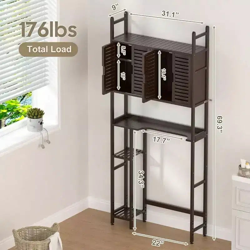 Mobile Contenitore Sopra il WC con Porta Carta Igienica, Scaffale Organizzatore per Bagno, Quattro Ante, Piedini Impermeabili, Salvaspazio, Antiscivolo
