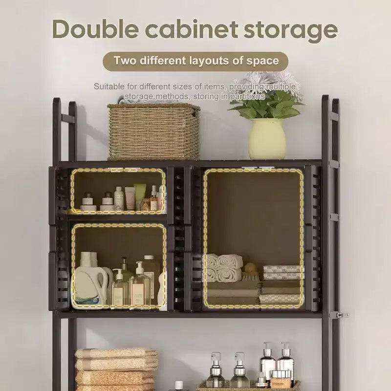 Mobile Contenitore Sopra il WC con Porta Carta Igienica, Scaffale Organizzatore per Bagno, Quattro Ante, Piedini Impermeabili, Salvaspazio, Antiscivolo