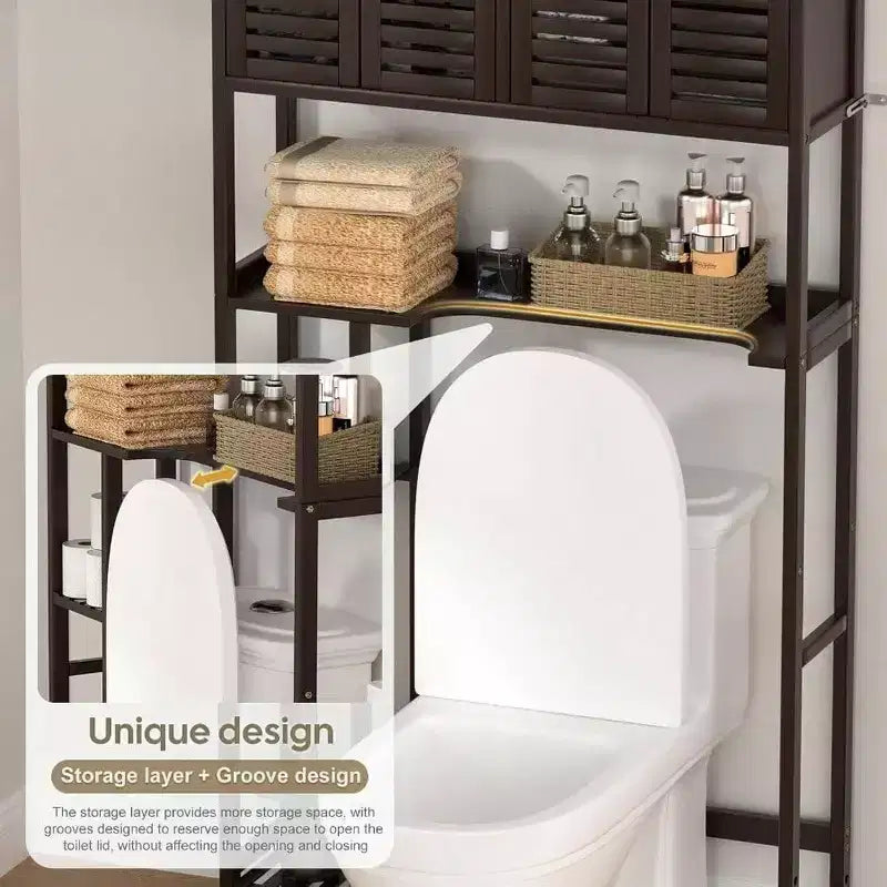 Mobile Contenitore Sopra il WC con Porta Carta Igienica, Scaffale Organizzatore per Bagno, Quattro Ante, Piedini Impermeabili, Salvaspazio, Antiscivolo