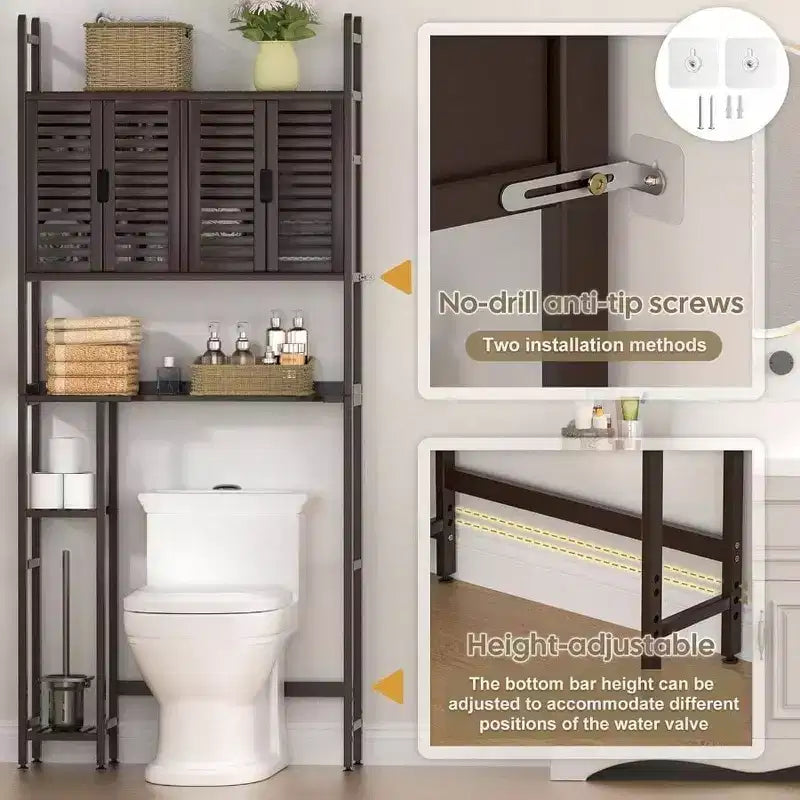 Mobile Contenitore Sopra il WC con Porta Carta Igienica, Scaffale Organizzatore per Bagno, Quattro Ante, Piedini Impermeabili, Salvaspazio, Antiscivolo