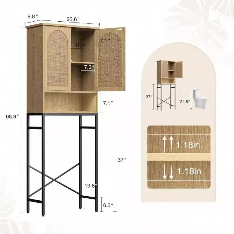 Mobiletto portaoggetti per WC in rattan, armadietto in legno sopra lo scaffale con supporto in metallo, organizer per bagno, ripiano regolabile, autoportante alto