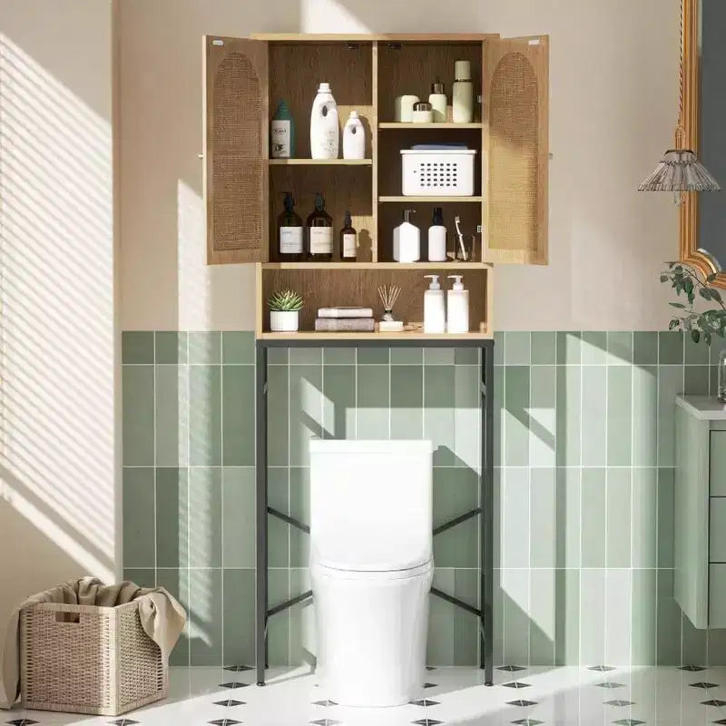 Mobiletto portaoggetti per WC in rattan, armadietto in legno sopra lo scaffale con supporto in metallo, organizer per bagno, ripiano regolabile, autoportante alto