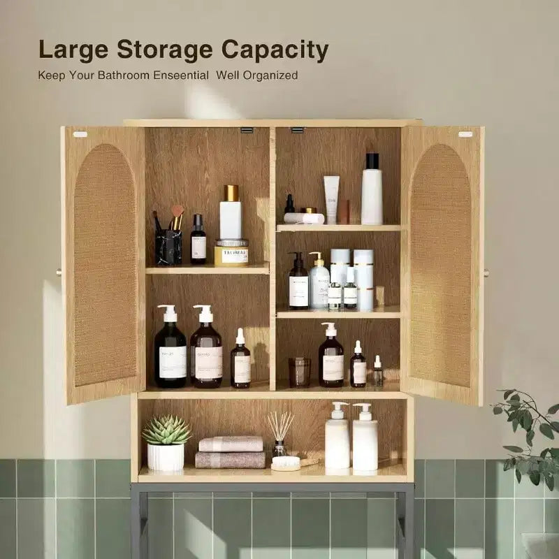 Mobiletto portaoggetti per WC in rattan, armadietto in legno sopra lo scaffale con supporto in metallo, organizer per bagno, ripiano regolabile, autoportante alto