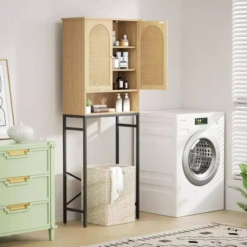 Mobiletto portaoggetti per WC in rattan, armadietto in legno sopra lo scaffale con supporto in metallo, organizer per bagno, ripiano regolabile, autoportante alto