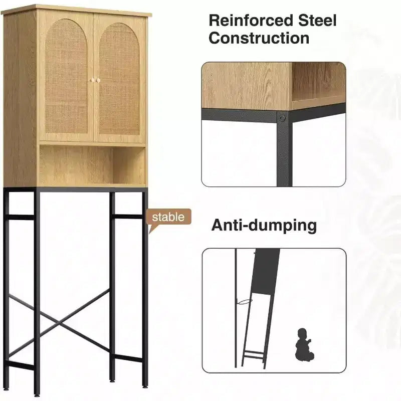 Mobiletto portaoggetti per WC in rattan, armadietto in legno sopra lo scaffale con supporto in metallo, organizer per bagno, ripiano regolabile, autoportante alto
