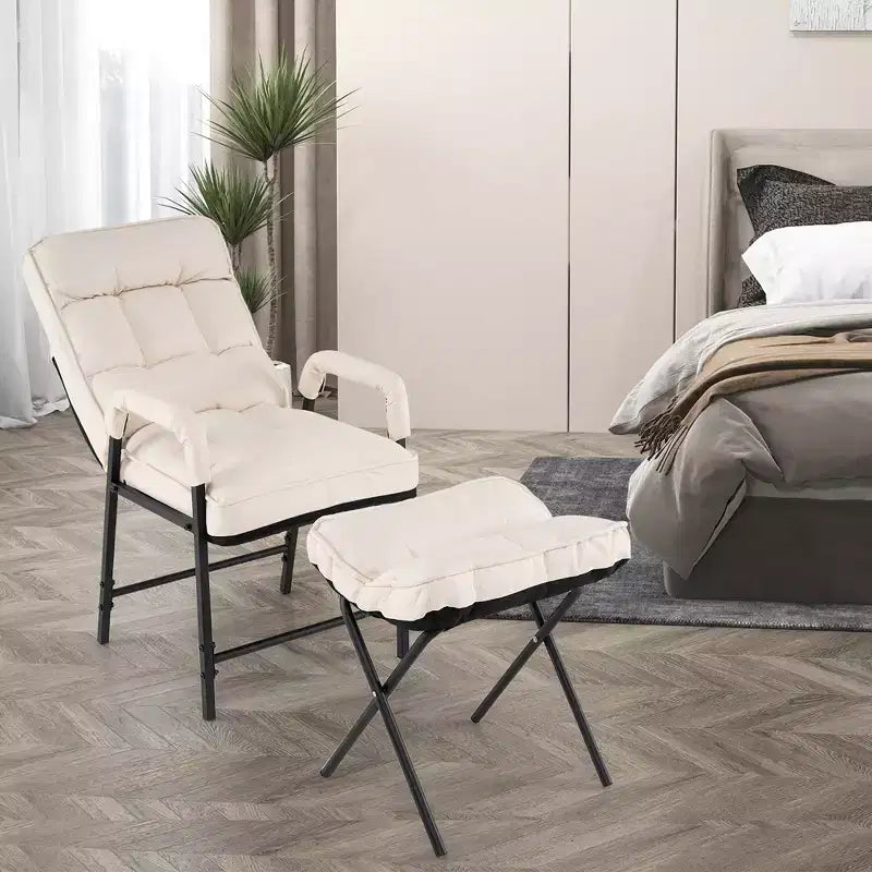 Poltrona Moderna con Ottomana – Tessuto in Lino, Schienale Regolabile su 5 Livelli