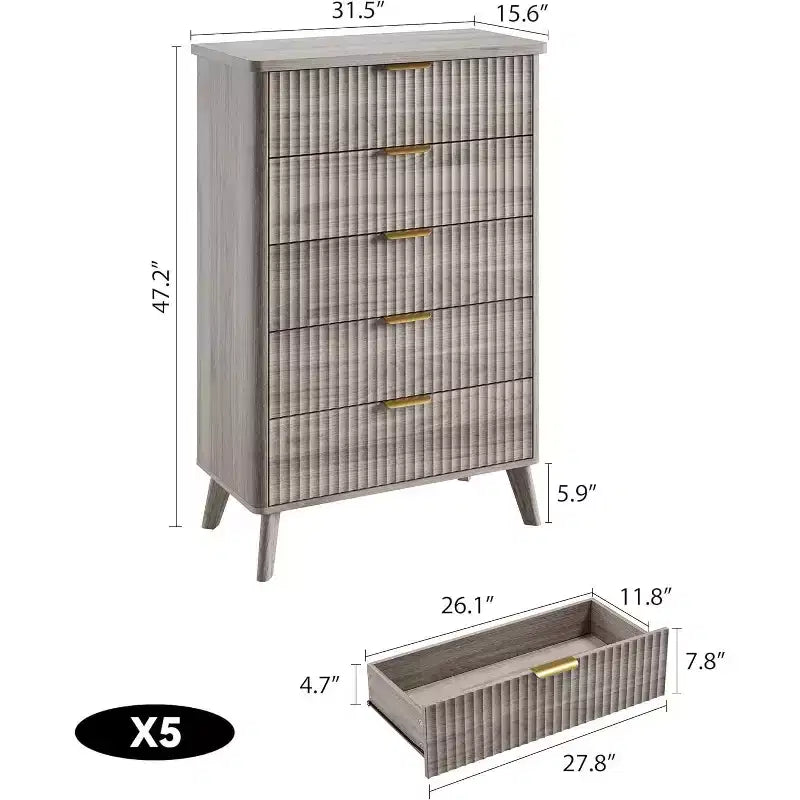 Cassettiera Scanalata per Camera da Letto con 5 Cassetti Profondi, Cassettiera Alta, Design con Profilo Curvo, Cassettiera Moderna in Legno, per Soggiorno, Corridoio