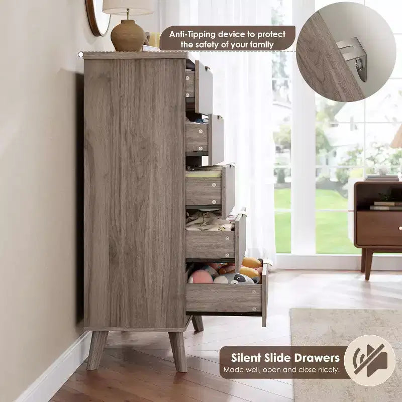 Cassettiera Scanalata per Camera da Letto con 5 Cassetti Profondi, Cassettiera Alta, Design con Profilo Curvo, Cassettiera Moderna in Legno, per Soggiorno, Corridoio