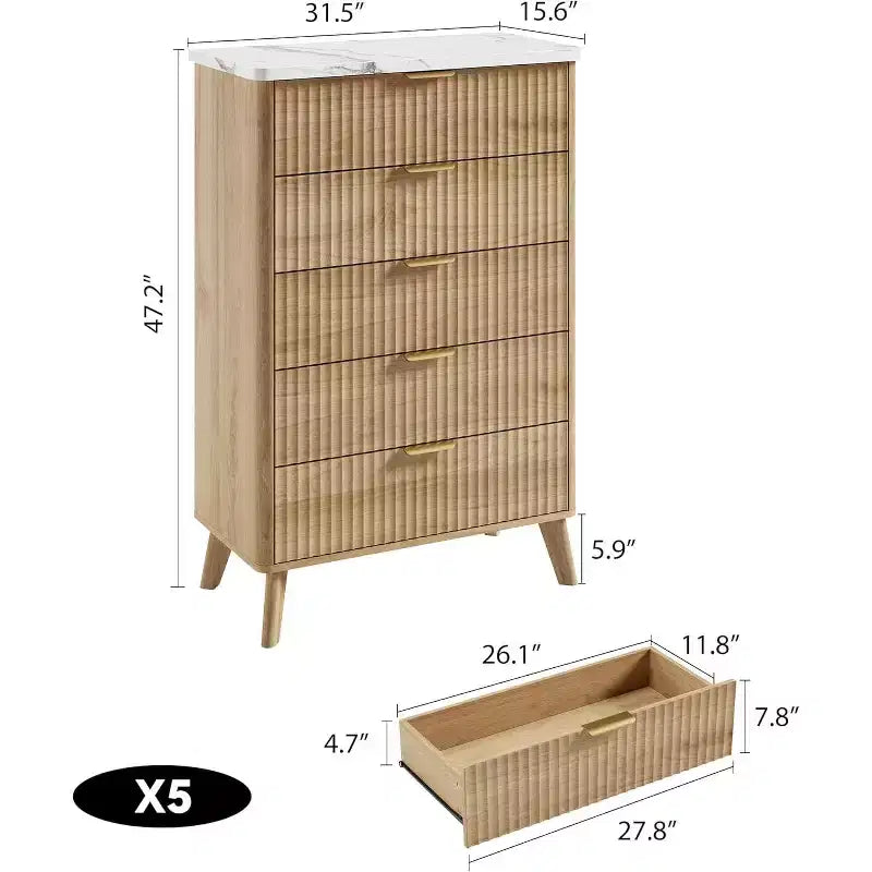Cassettiera Scanalata per Camera da Letto con 5 Cassetti Profondi, Cassettiera Alta, Design con Profilo Curvo, Cassettiera Moderna in Legno, per Soggiorno, Corridoio