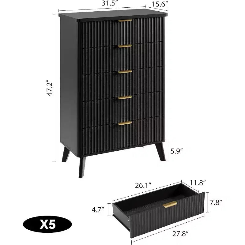 Cassettiera Scanalata per Camera da Letto con 5 Cassetti Profondi, Cassettiera Alta, Design con Profilo Curvo, Cassettiera Moderna in Legno, per Soggiorno, Corridoio