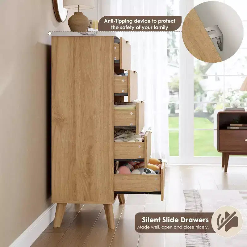 Cassettiera Scanalata per Camera da Letto con 5 Cassetti Profondi, Cassettiera Alta, Design con Profilo Curvo, Cassettiera Moderna in Legno, per Soggiorno, Corridoio
