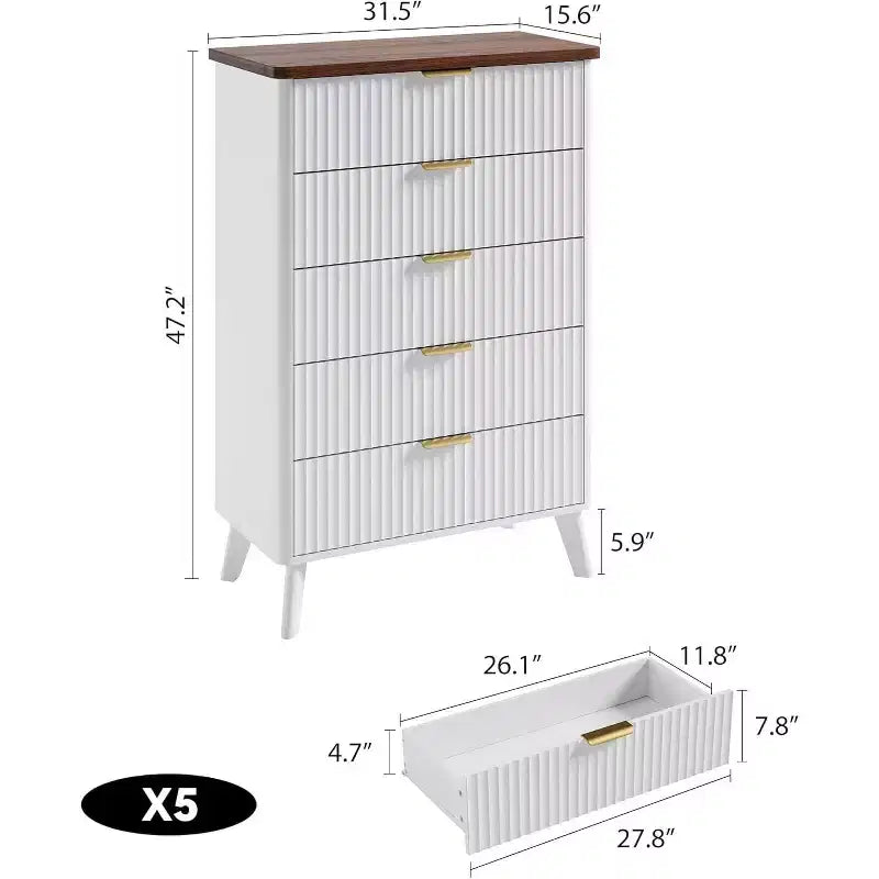 Cassettiera Scanalata per Camera da Letto con 5 Cassetti Profondi, Cassettiera Alta, Design con Profilo Curvo, Cassettiera Moderna in Legno, per Soggiorno, Corridoio