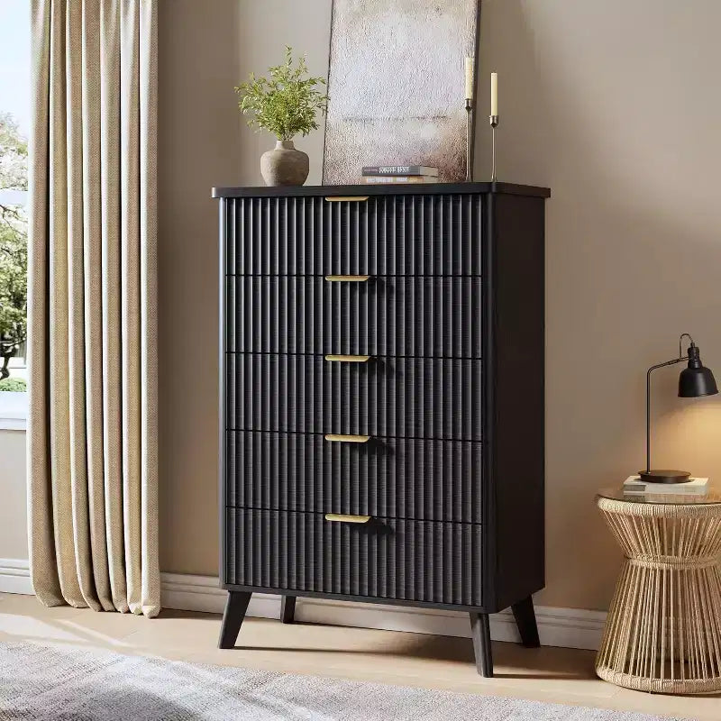 Cassettiera Scanalata per Camera da Letto con 5 Cassetti Profondi, Cassettiera Alta, Design con Profilo Curvo, Cassettiera Moderna in Legno, per Soggiorno, Corridoio