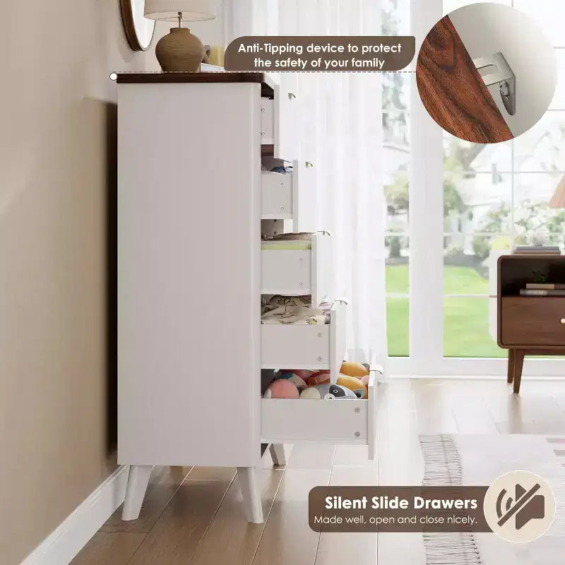 Cassettiera Scanalata per Camera da Letto con 5 Cassetti Profondi, Cassettiera Alta, Design con Profilo Curvo, Cassettiera Moderna in Legno, per Soggiorno, Corridoio