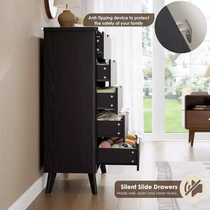 Cassettiera Scanalata per Camera da Letto con 5 Cassetti Profondi, Cassettiera Alta, Design con Profilo Curvo, Cassettiera Moderna in Legno, per Soggiorno, Corridoio