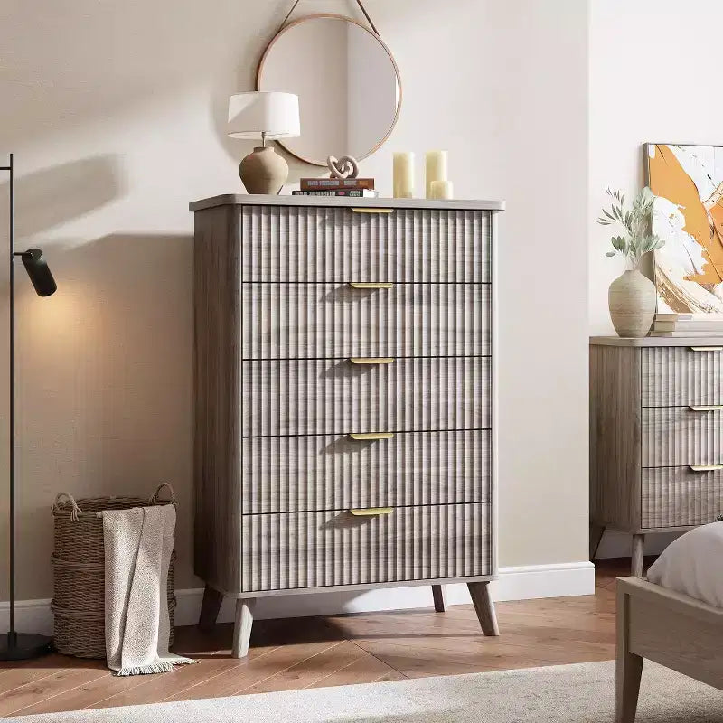 Cassettiera Scanalata per Camera da Letto con 5 Cassetti Profondi, Cassettiera Alta, Design con Profilo Curvo, Cassettiera Moderna in Legno, per Soggiorno, Corridoio