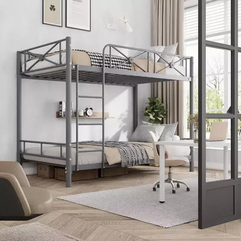 Letto a castello in metallo a due piazze, letti a castello industriali resistenti con sponde di sicurezza e design salvaspazio, letto in acciaio per scuola, camera da letto