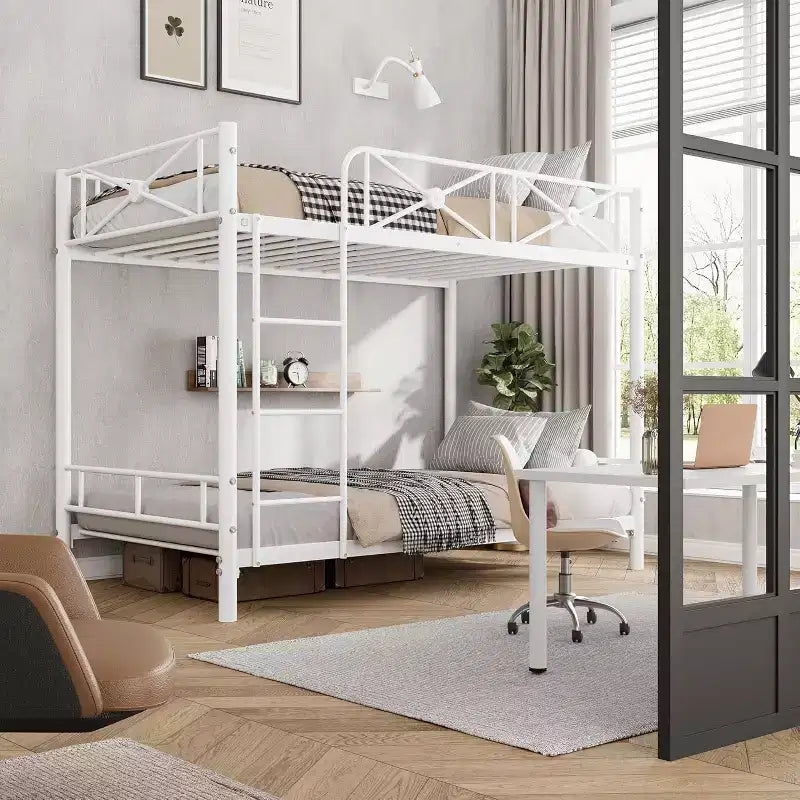 Letto a castello in metallo a due piazze, letti a castello industriali resistenti con sponde di sicurezza e design salvaspazio, letto in acciaio per scuola, camera da letto