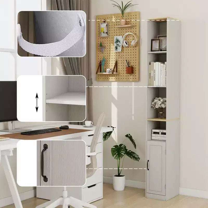 Credenza sottile in legno bianco con 6 ripiani – 183 cm (A) x 24 cm (L)
