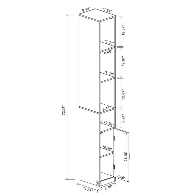 Credenza sottile in legno bianco con 6 ripiani – 183 cm (A) x 24 cm (L)