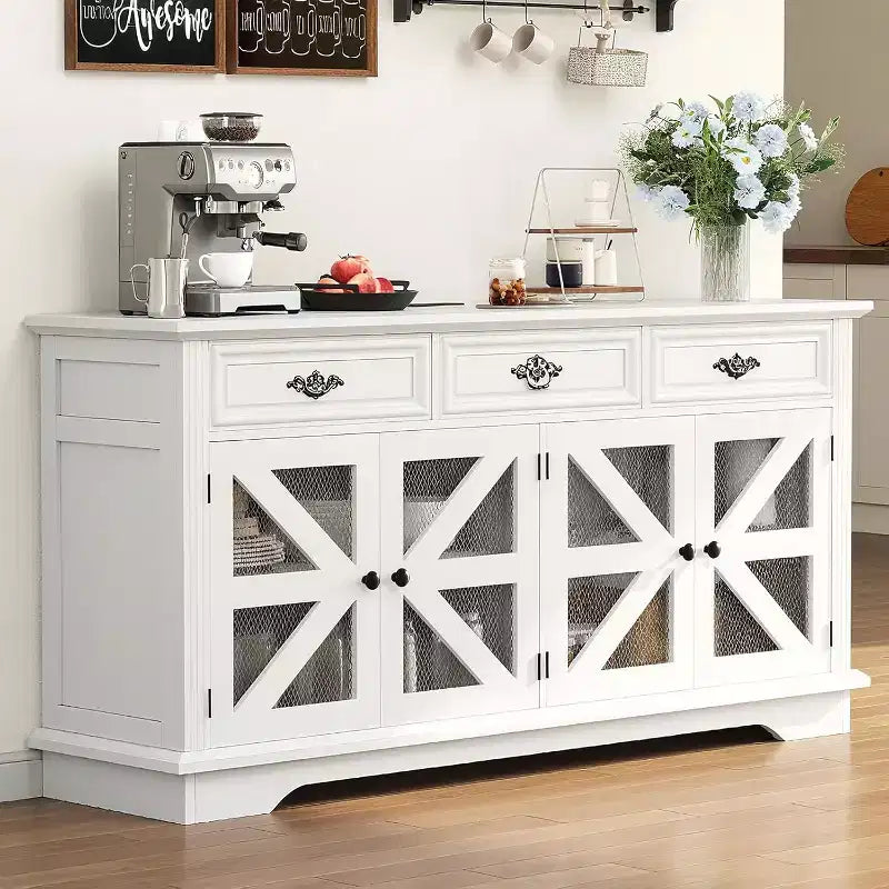 Mobile credenza da 63 pollici con contenitore, mobile contenitore da cucina in legno con stazione di ricarica, 3 cassetti, 4 ante e ripiani regolabili per sala da pranzo