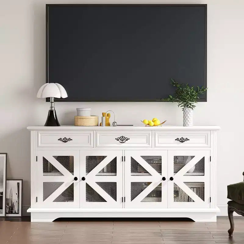 Mobile credenza da 63 pollici con contenitore, mobile contenitore da cucina in legno con stazione di ricarica, 3 cassetti, 4 ante e ripiani regolabili per sala da pranzo