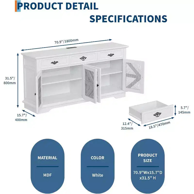 Mobile credenza da 63 pollici con contenitore, mobile contenitore da cucina in legno con stazione di ricarica, 3 cassetti, 4 ante e ripiani regolabili per sala da pranzo