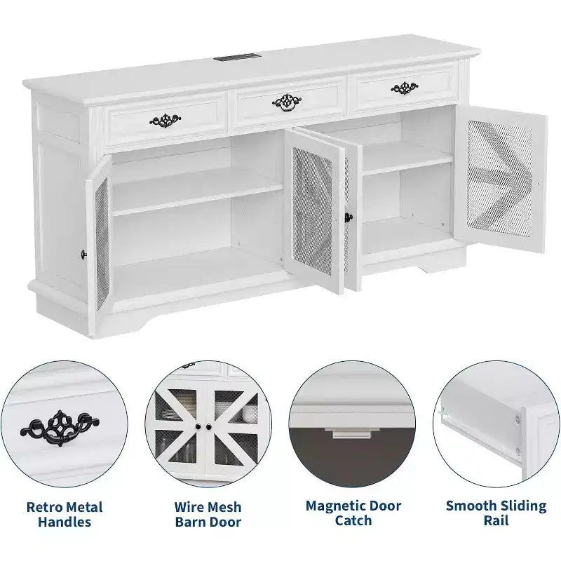 Mobile credenza da 63 pollici con contenitore, mobile contenitore da cucina in legno con stazione di ricarica, 3 cassetti, 4 ante e ripiani regolabili per sala da pranzo