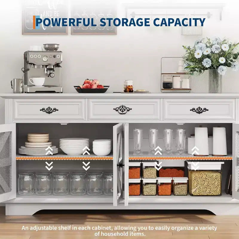 Mobile credenza da 63 pollici con contenitore, mobile contenitore da cucina in legno con stazione di ricarica, 3 cassetti, 4 ante e ripiani regolabili per sala da pranzo