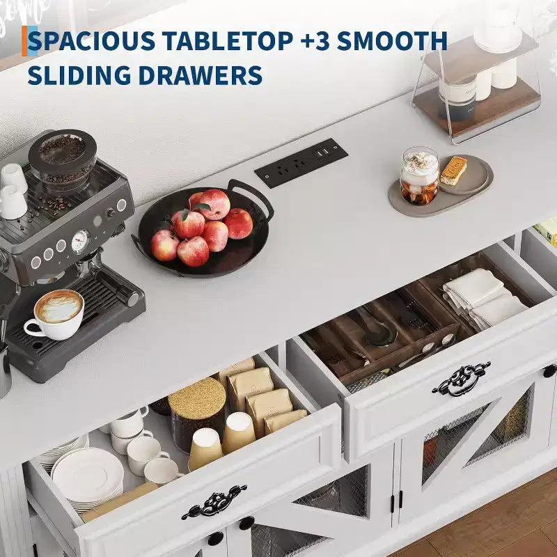Mobile credenza da 63 pollici con contenitore, mobile contenitore da cucina in legno con stazione di ricarica, 3 cassetti, 4 ante e ripiani regolabili per sala da pranzo