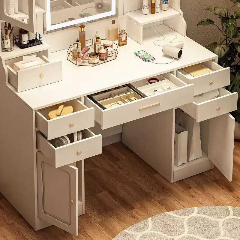 Grande Toilette per il trucco con 6 cassetti, ripiani aperti e ampio specchio