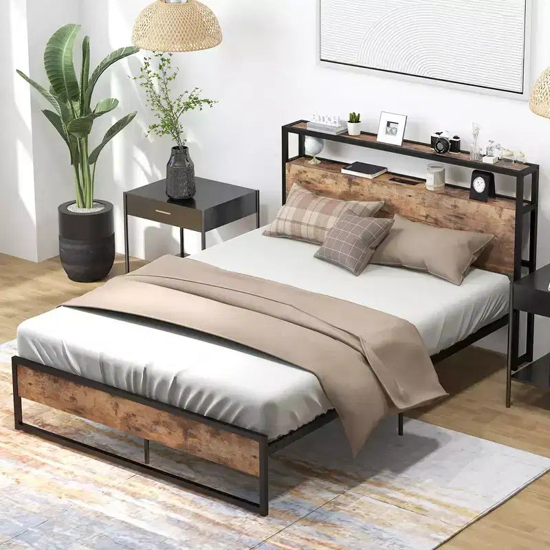 Telaio per letto a piattaforma industriale full size con stazione di ricarica e testiera portaoggetti