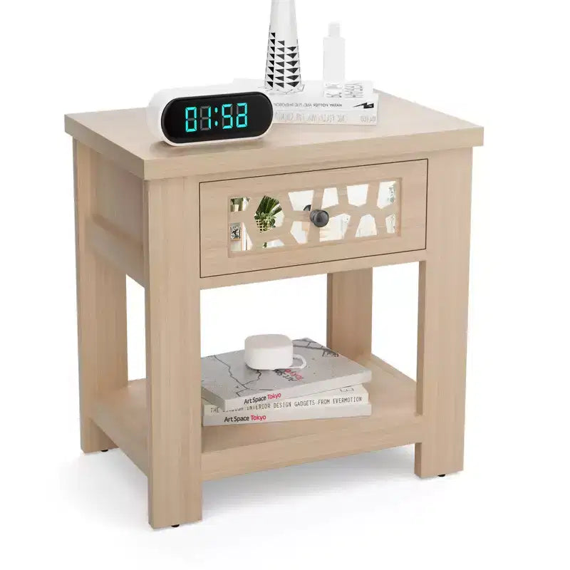 Tavolino Comodino Rustico con Cassetto a Specchio – Legno, 23.5"x15"x24"