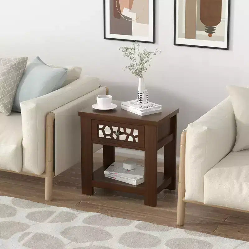 Tavolino Comodino Rustico con Cassetto a Specchio – Legno, 23.5"x15"x24"