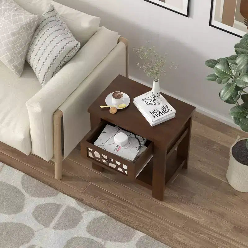 Tavolino Comodino Rustico con Cassetto a Specchio – Legno, 23.5"x15"x24"