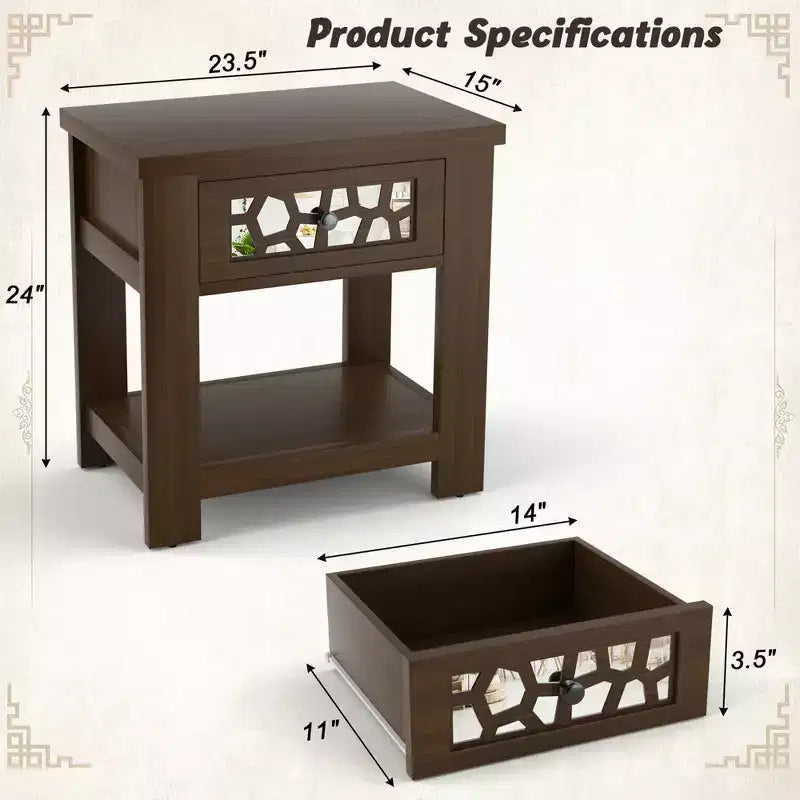 Tavolino Comodino Rustico con Cassetto a Specchio – Legno, 23.5"x15"x24"
