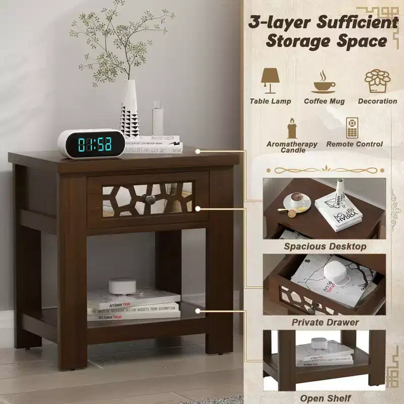 Tavolino Comodino Rustico con Cassetto a Specchio – Legno, 23.5"x15"x24"