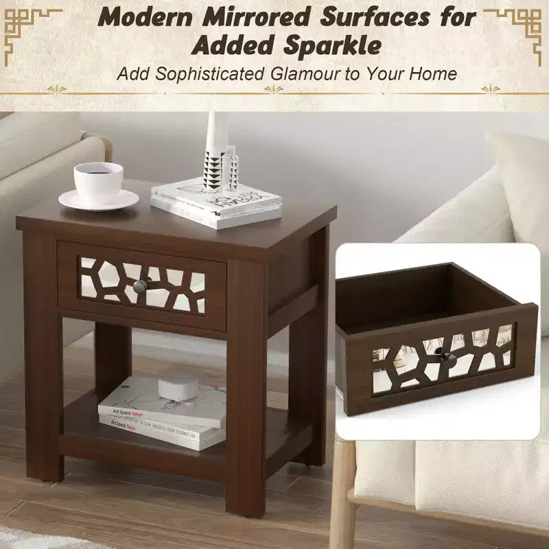 Tavolino Comodino Rustico con Cassetto a Specchio – Legno, 23.5"x15"x24"