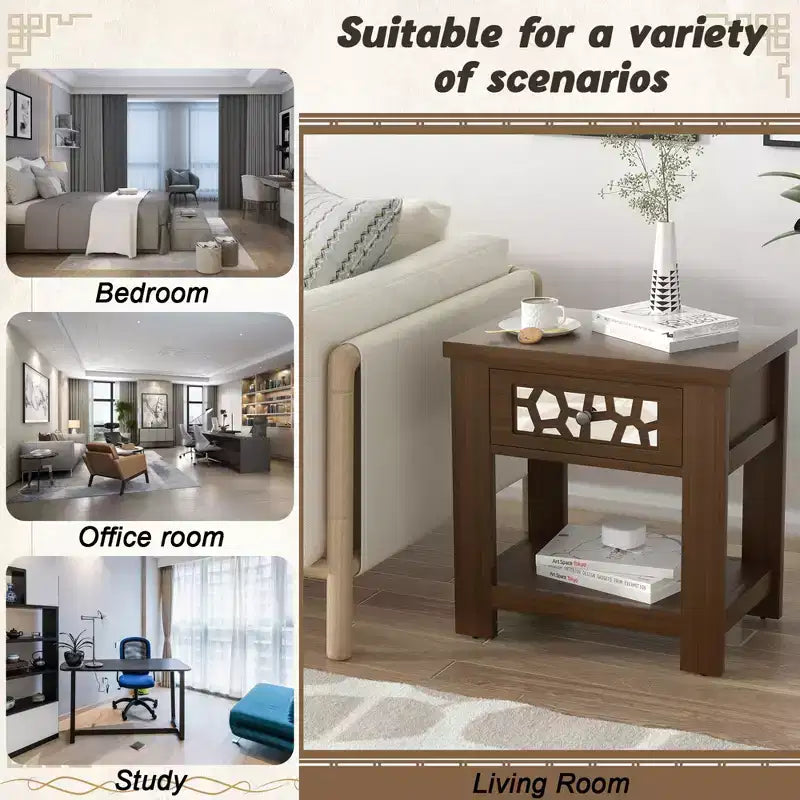Tavolino Comodino Rustico con Cassetto a Specchio – Legno, 23.5"x15"x24"