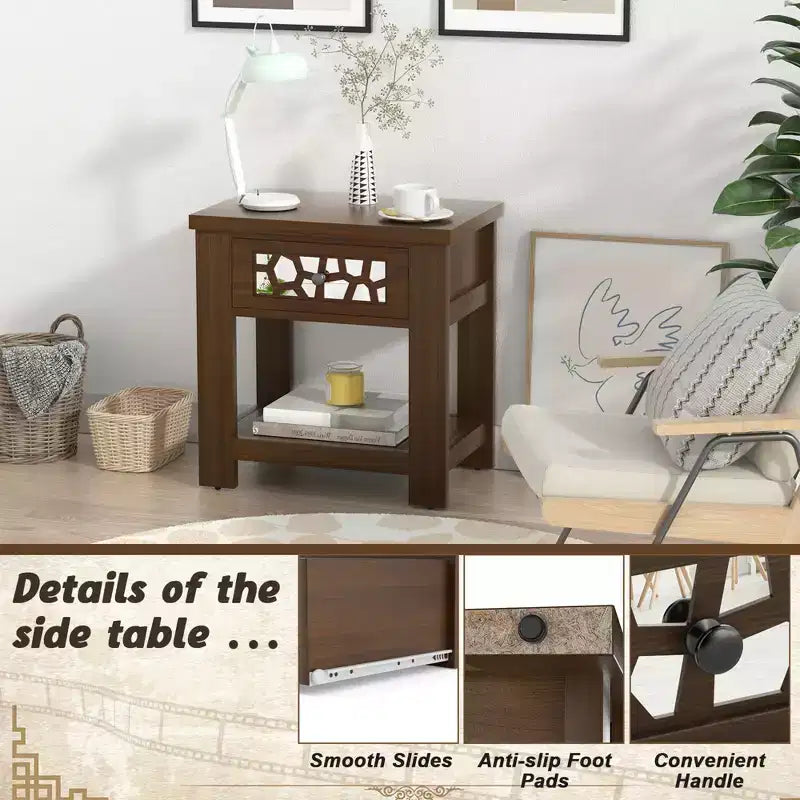 Tavolino Comodino Rustico con Cassetto a Specchio – Legno, 23.5"x15"x24"
