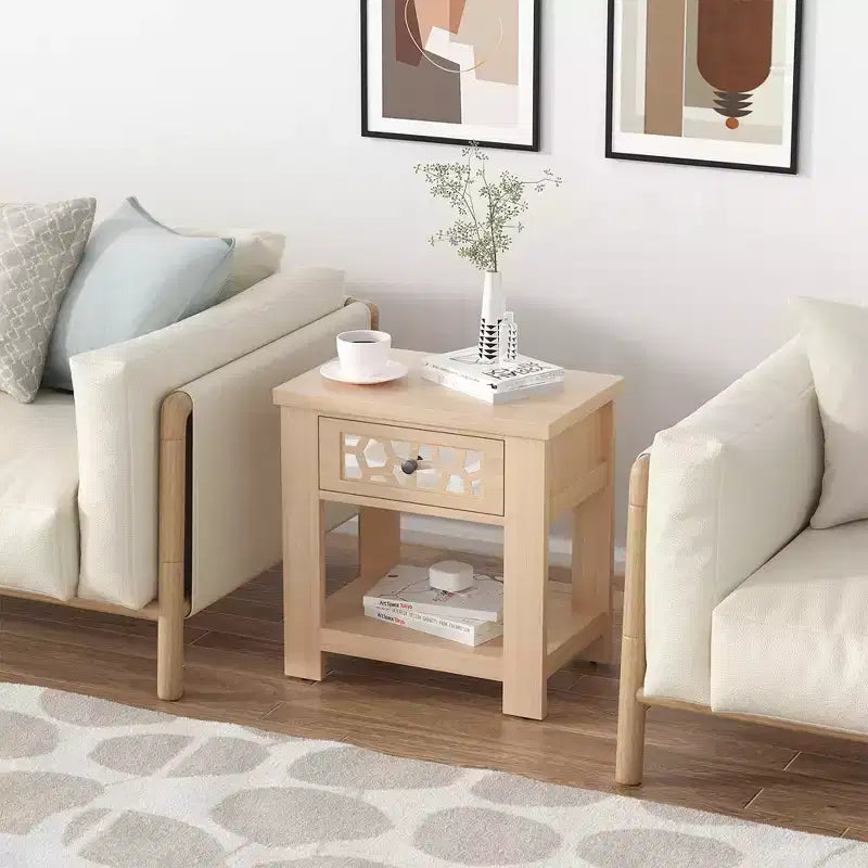 Tavolino Comodino Rustico con Cassetto a Specchio – Legno, 23.5"x15"x24"