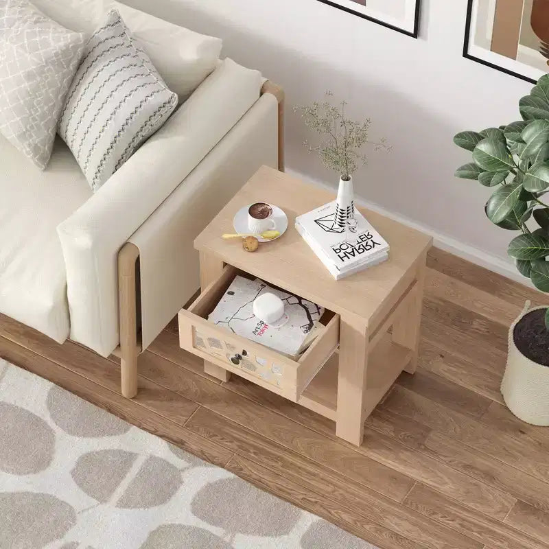 Tavolino Comodino Rustico con Cassetto a Specchio – Legno, 23.5"x15"x24"
