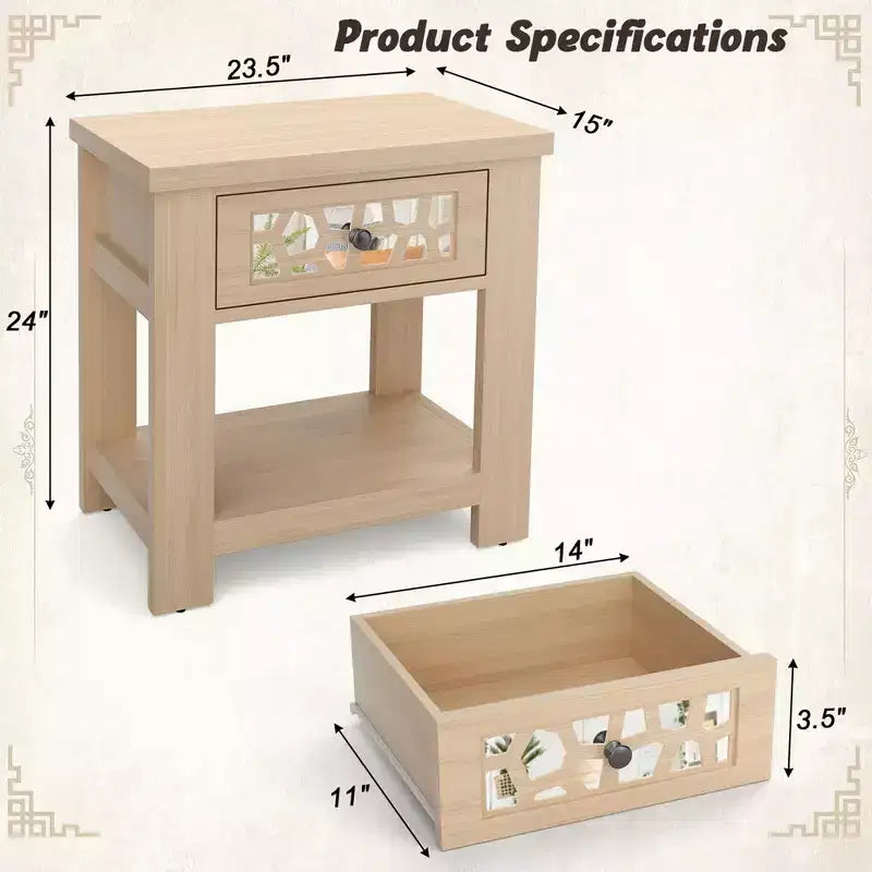Tavolino Comodino Rustico con Cassetto a Specchio – Legno, 23.5"x15"x24"